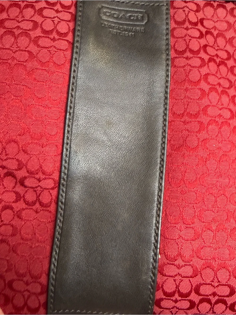 Coach Red Signature Canvas Cosmetic Case with Brown Leather Trim